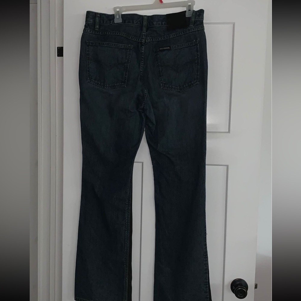 Harley Davidson Black Leather Front Jeans. Bootcut